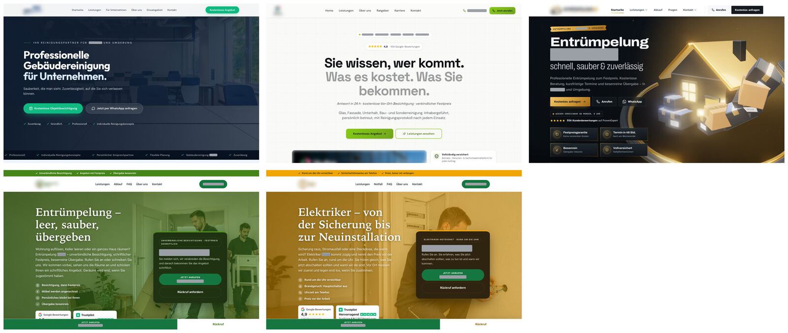 Fünf Firmenwebsites aus verschiedenen Branchen mit fast identischem Aufbau (anonymisiert)