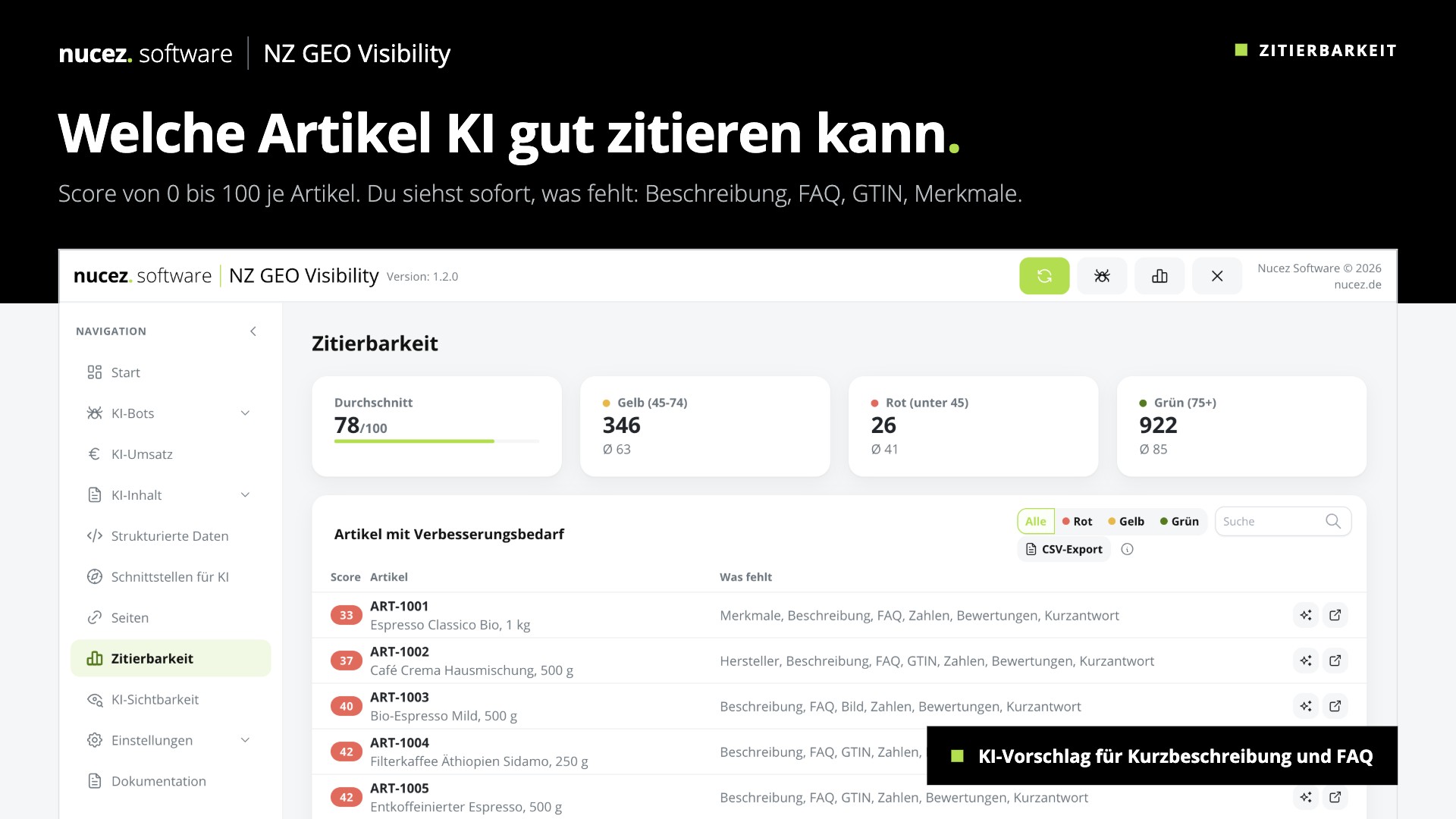 Citability score per product in NZ GEO Visibility with the What is missing column